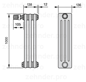 Схема (чертеж) Радиатор Zehnder Charleston 4100/3 №V012 Белый глянцевый RAL 9016